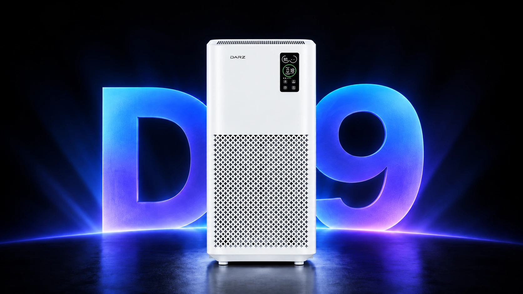 DARZ D9 白色塑料机身与同材质底座,背后是蓝紫色 D9 字样,底部光带与倒影融入黑色背景。